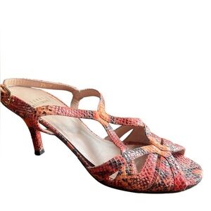 Stuart Weitzman Orange Snakeskin Strappy Kitten Heel Sandals Size 7 Open Toe
